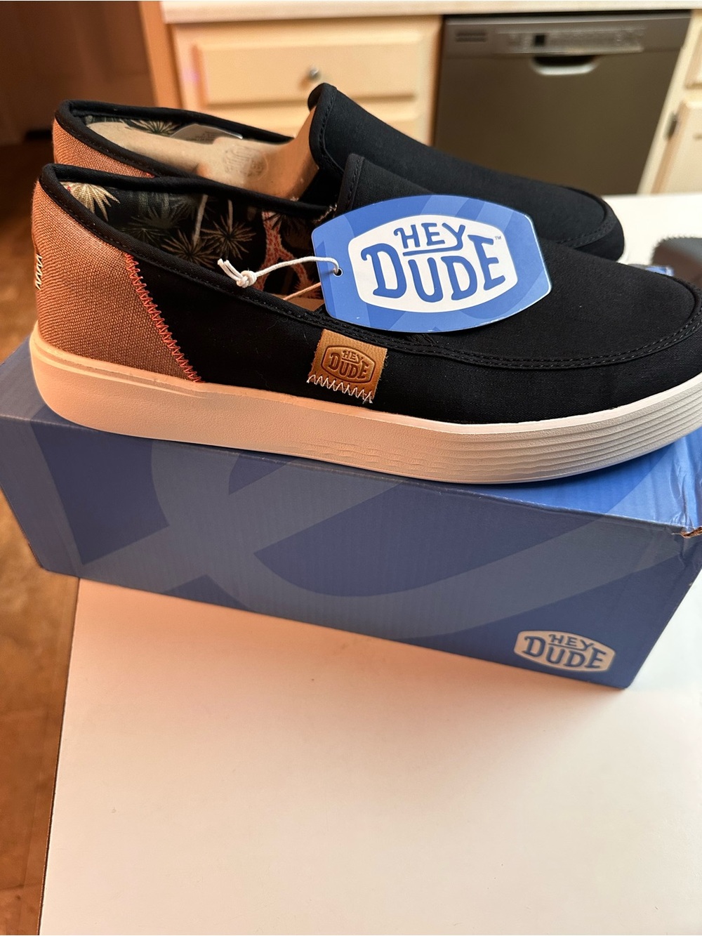 Hey Dude Sunapee Black and Tan Slip-On Sneakers with White Sole